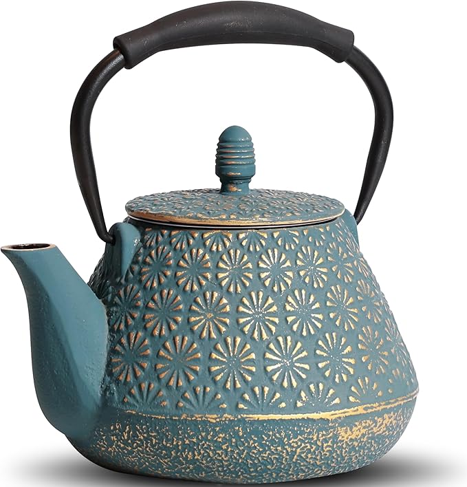 Cast Iron Teapot, 32oz Japanese Sakura Blossom Pattern Tea Kettle, Stovetop Safe, Infuser for Loose Leaf & Coffee, Silicone Handle, Enamel Interior, 950ml Blue