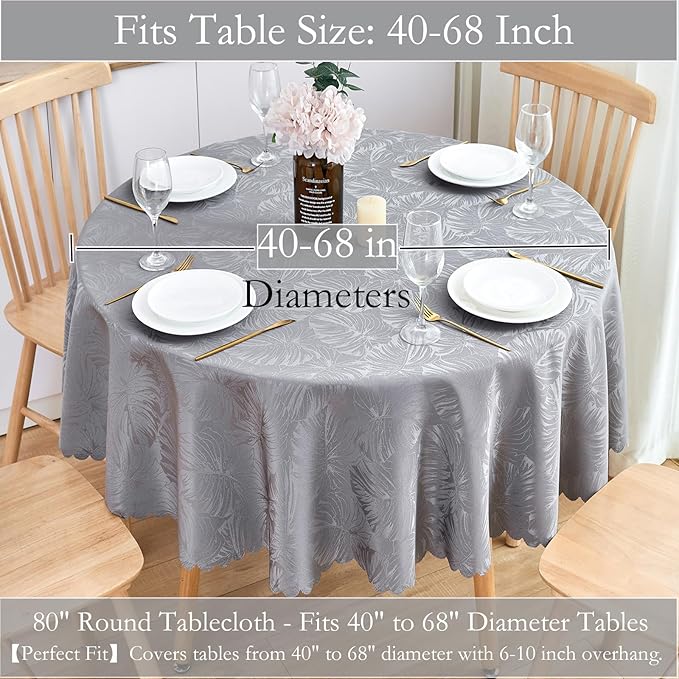 Round Tablecloth 80 Inch Fabric Table Cloth Leaves Pattern Scalloped Edge Silky Soft Tablecloth Waterproof Wrinkle Resistant Washable Table Cover Dinning Party Banquet Decoration (Grey)