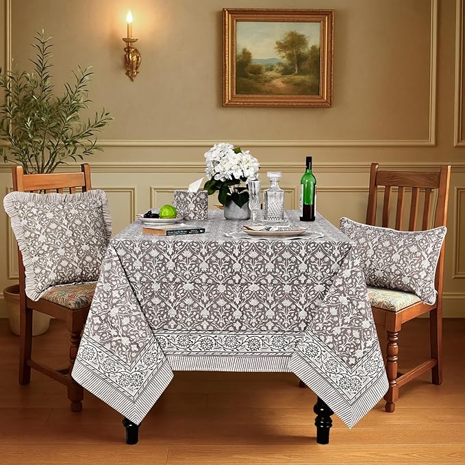 Ridhi Hand Block Print Taupe Rectangle Cotton Tablecloth 190" x 72" Reusable Table Cover Decorative Everyday Use for Dining, Farmhouse, Home Gift for Spring, Easter, Valentine