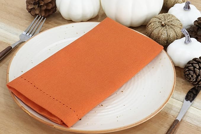 PurpleEssences Set of 12 Hemstitch Cloth Dinner Napkins 100% Cotton - Soft Durable Washable - Ideal for Wedding Christmas Holiday Winter - Perfect Everyday Use Table Linen 18x18 - Orange