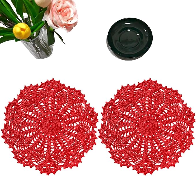 BIBITIME 2 PCS 11 in to 12 in Lace Doilies Crochet Handmade Lace Coasters Round Placemat Rustic Table Doilies Decors for Kitchen Dining Room Party Dressers Red