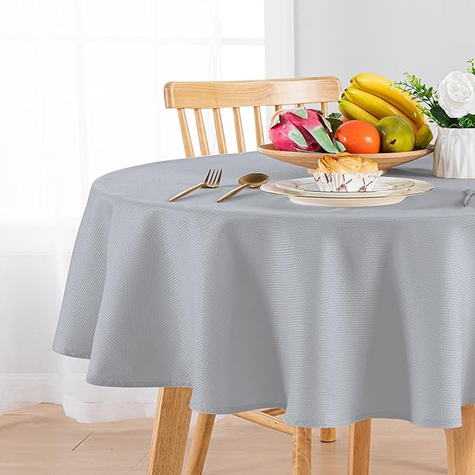 Hiasan Round Textured Tablecloth 60 Inch - Waterproof Spillproof Antiwrinkle Jacquard Table Cloth, Decorative Polyester Table Cover for Kitchen, Outdoor Picnic, Holiday and Parties, Silver Grey