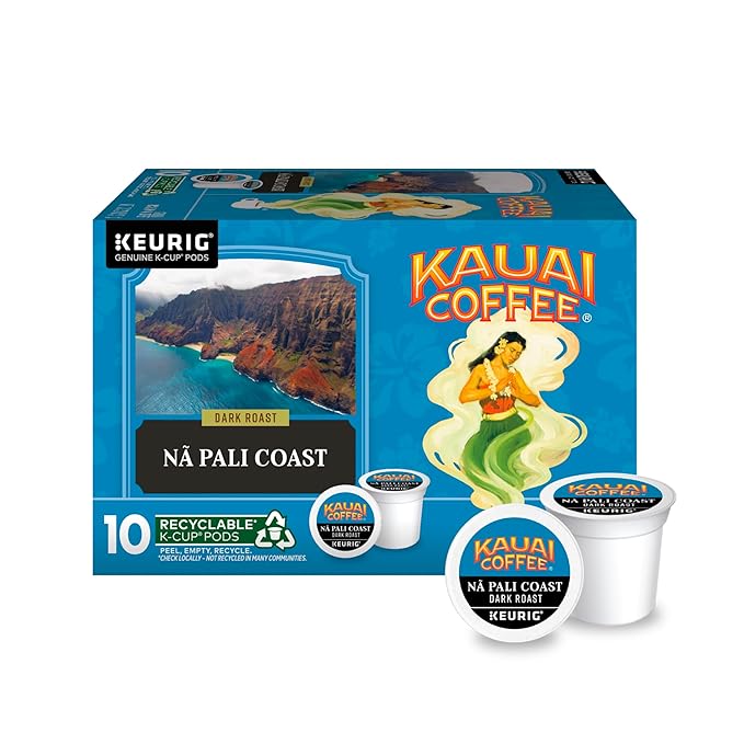 Kauai Coffee K-Cup Pods for Keurig Brewers – Arabica Coffee, 10% Hawaiian – Dark Roast, Nutty with Sweet Chocolate Overtones – Na Pali Coast, 1 Pack of 10 Single Serve K-Cups