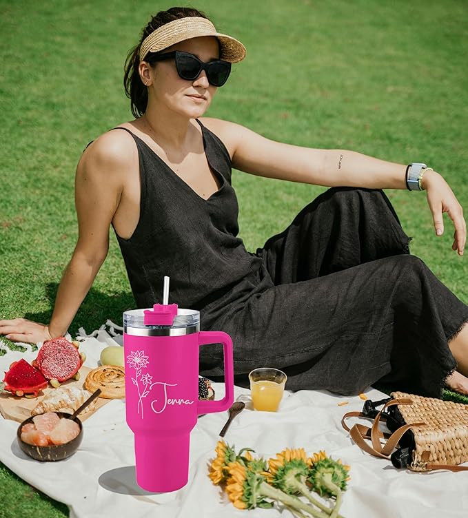 Ships Next Day,Birth Flower 40 Oz Tumbler with Handle and Straw, Personalized Tumbler with Name Insulated Cup Reusable Stainless Steel Water Bottle Travel Mug Christmas Birthday Gifts for Women