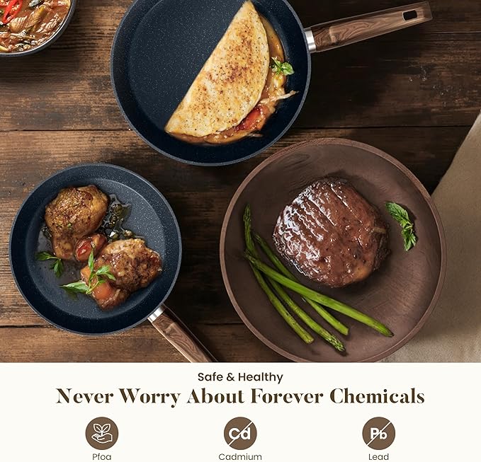 Kitchen Academy Pots and Pans Set Non Stick - 12 Piece Induction Kitchen Cookware Sets, Blue Granite Nonstick Cooking Pans Set
