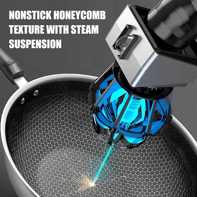 13.4” Stainless Steel Wok Pan with Lid – Honeycomb Non Stick Stir Fry Pan for Induction, Gas, Electric & Ceramic Cooktops – Tri-Ply Deep Frying Wok with Stay-Cool Handle, PFOA-Free