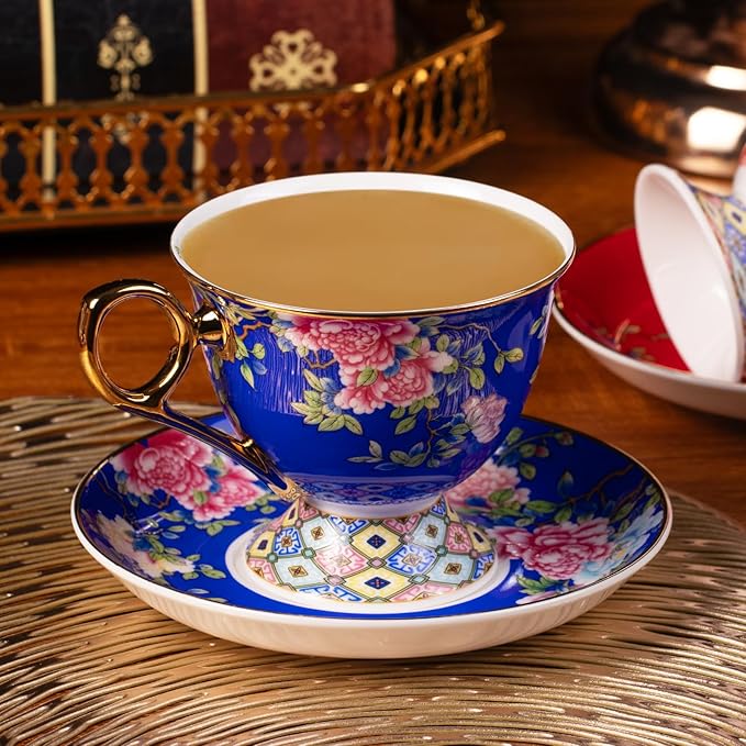 KAMMAK Tea Cups and Saucers Set of 2, Porcelain Coffee Cup with Saucer for Espresso, Cappuccino, 9.8oz Vintage Yellow Floral Ceramic Novelty Mug for Home, Tea Party, Office