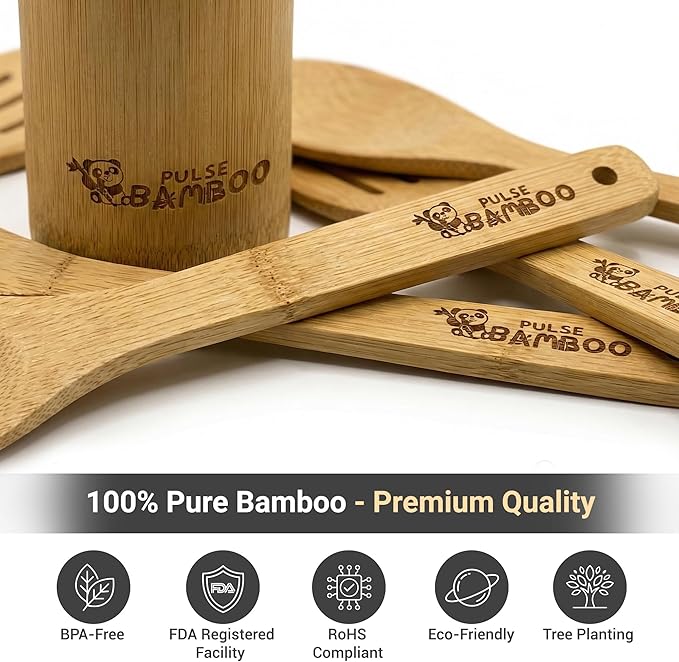 Bamboo 8-Piece Utensil Gift Set with Holder – Wooden Cooking Utensils for Kitchen, Non-Scratch Bamboo Spoons & Spatulas for Nonstick Cookware, Eco-Friendly, Housewarming & Everyday Use