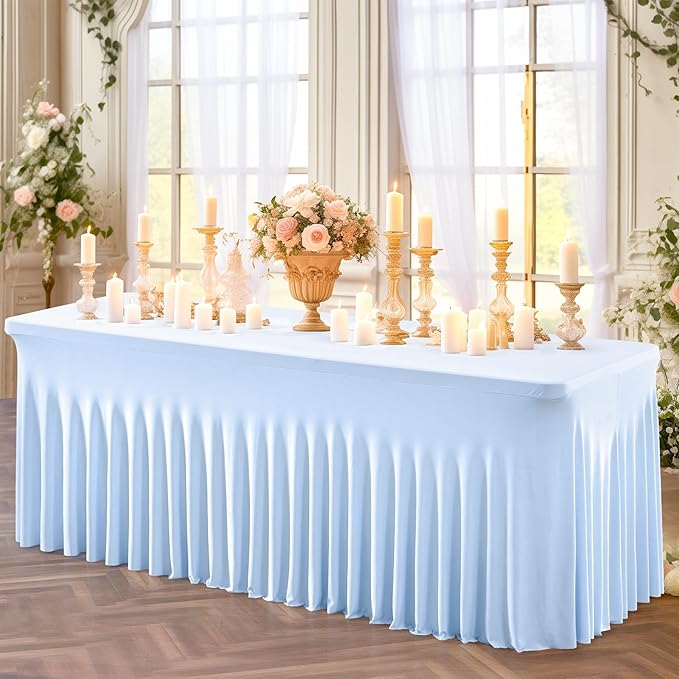 2 Packs Baby Blue Spandex Tableclothes for 6 Foot Rectangle Table, Spandex Table Covers 6FT Stretch Table Skirts Rectangle Wrinkle Free Fitted Tablecover for Event, Wedding, Banquet & Parties