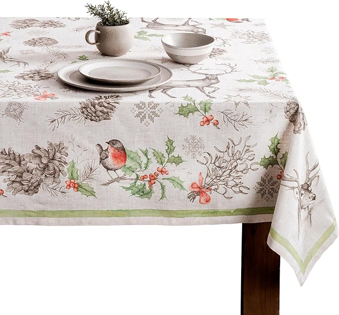 Maison d' Hermine Table Cloth Rectangle Table 100% Cotton 60 x 120 Inches Fall Tablecloth Reusable Everyday Use for Thanksgiving Christmas Decorations Dining Farmhouse Party (Christmas Dew)