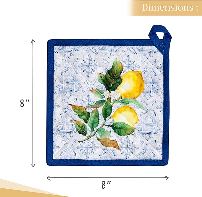 Maison d' Hermine Pot Holders Set 100% Cotton Heat Resistant Potholders 8" x 8" Hot Pads with Loop BBQ, Cooking, Baking, Grilling, Kitchen, Handling Hot Pans Spring/Summer (Pack of 2, Citrus)