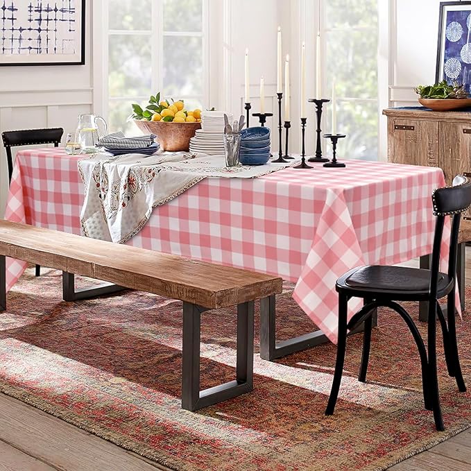 Hiasan Plaid Tablecloth Waterproof, 2 Pack, 60 x 120 inch - Checkered Table Cloth Rectangle for Dining Hall/Valentine's Day/Spring Party/Wedding/Outdoor Picnic, Peach Pink and White