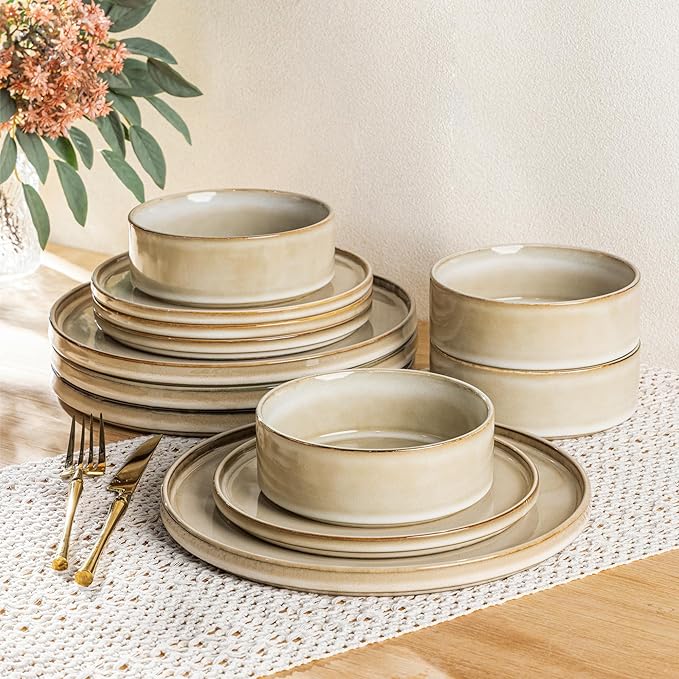 AmorArc Ceramic Dinnerware Sets, Handmade Reactive Glaze Stoneware Plates and Bowls Sets,Highly Chip and Crack Resistant | Dishwasher & Microwave Safe Dishes Set, Service for 4 (12pc)