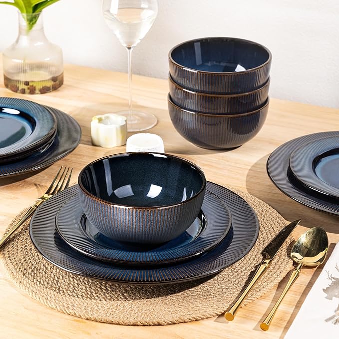 GBHOME Ceramic Dinnerware Sets,12 pcs Embossed Elegant Stoneware Plates and Bowls Sets, Housewarming Wedding Gift | Dishwasher & Microwave Safe | Dishes Set Service for 4