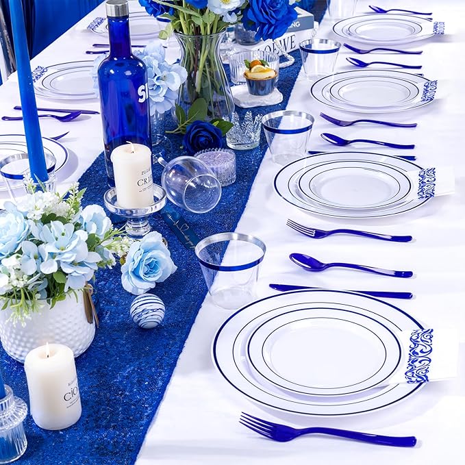 WELLIFE 700 Pcs Blue Plastic Plates for 100 Guests - Plastic Dinnerware Set,Party Supplies Includes 200 Blue Plates,300 Disposable Silverware,100 Napkins,100 Cups