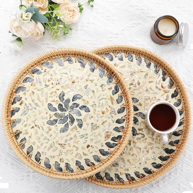 Rattan Serving Tray with Mother of Pearl, Round Coffee Table Tray Decor, Round Wicker Tray, Boho Decorative Tray, Woven Tray (Lucky Flower, 12" & 14")