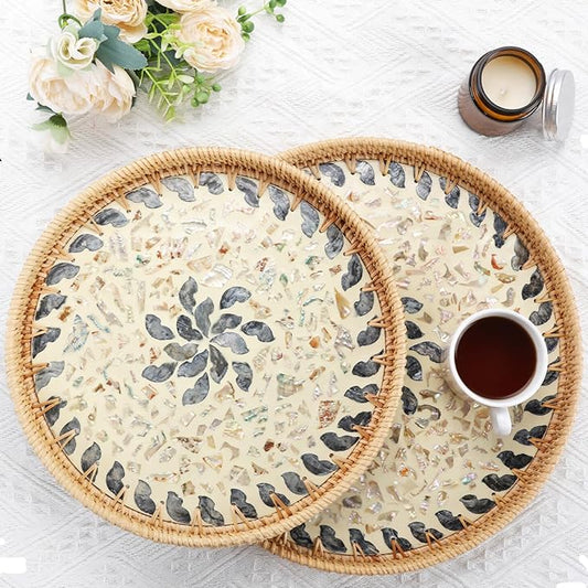 Rattan Serving Tray with Mother of Pearl, Round Coffee Table Tray Decor, Round Wicker Tray, Boho Decorative Tray, Woven Tray (Lucky Flower, 12" & 14")