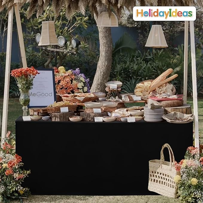 HolidayIdeas Fitted Black Rectangle Table Cloths 6ft Table Cover for Vendor Booth Display, Banquet, Trade Show,30x72 Inch, 6 Pcs