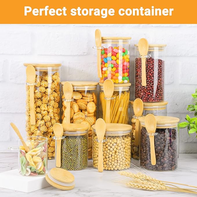 Glass Jars with Bamboo Lids and Spoon - 2 Pack 32 Fl.oz Round Food Storage Containers with Airtight Lid, Includes Labels and Marker, Glass Kitchen Canister for Rice, Flour, Sugar, Cereal, Oats