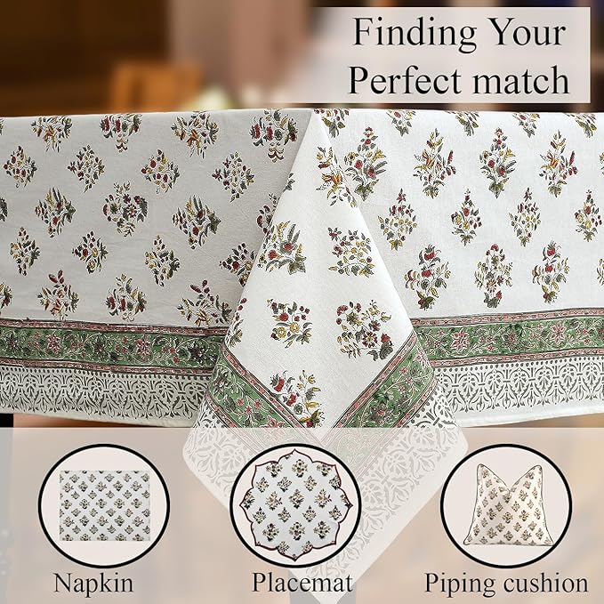 Cotton Print Club-100% Pure Cotton 80"x120" Tablecloth- Indian Hand Block Printed Rectangle - for Wedding, Mothers Day-Forest Green