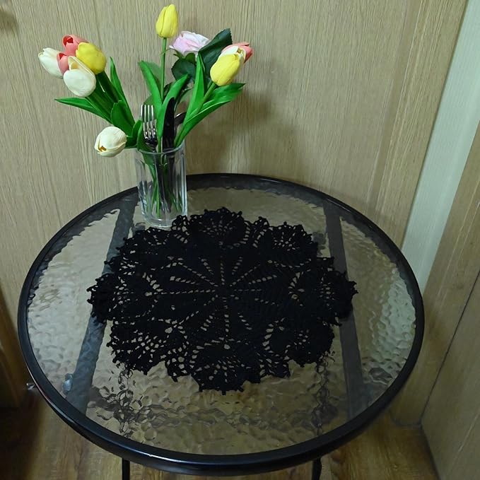 BIBITIME Tulip Flower Doilies Lace Doilies Kitchen Table Doily Mats Tablecloth Handmade Crochet Placemats Vase Dish Plate Mat (1 PC- 15 inches- 16 inches, Black)