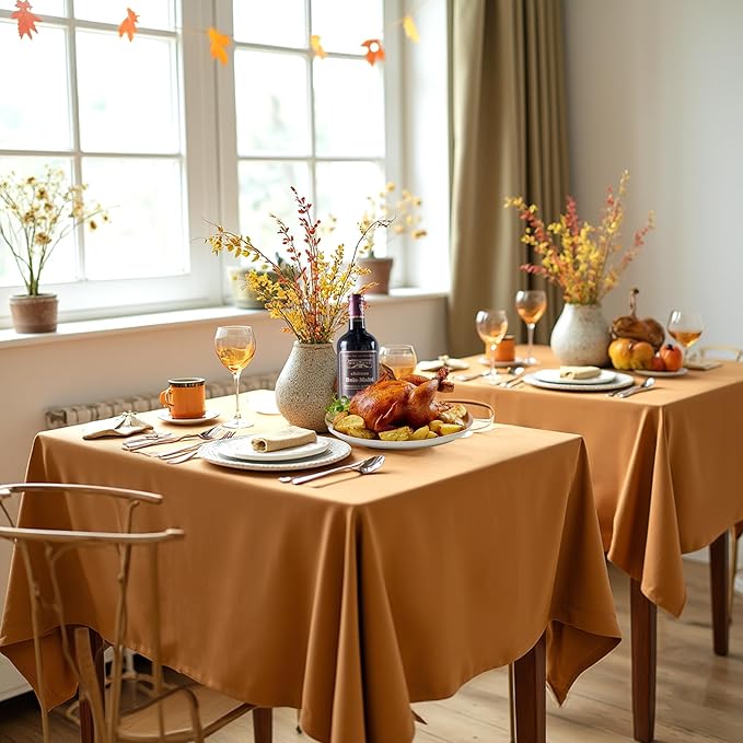 sancua Thanksgiving Square Tablecloths 70x70 Inch Light Brown, 2 Pack - Fabric Fall Table Cloth for Square or Round Tables, Washable Polyester Cover for Dinner Holiday Party Display Tables, Bronze