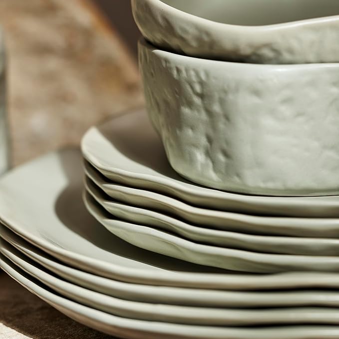 Stone by Mercer Project Atik Modern Stoneware 16-Piece Dinnerware Set, Plate and Bowl Set, Dish set for 4, Sage-Grey