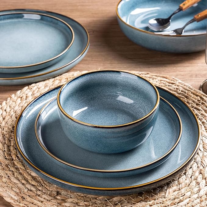 GBHOME Ceramic Dinnerware Sets for 8, 24 Pieces Stoneware Plates and Bowls Sets, Scratch Resistant Dishes, Dishwasher & Microwave Safe, Reactive Glaze-Space Blue