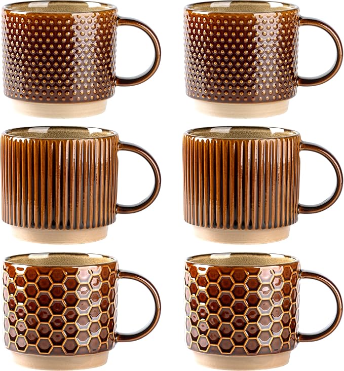 GBhome 12 OZ Stackable Coffee Mugs Set of 6, Ceramic Coffee Cups with Texture Patterns for Man,Woman,Dad,Mom, Modern Coffee Cups for Latte/Cappuccino/Cocoa. Dishwasher&Microwave Safe,Caramel