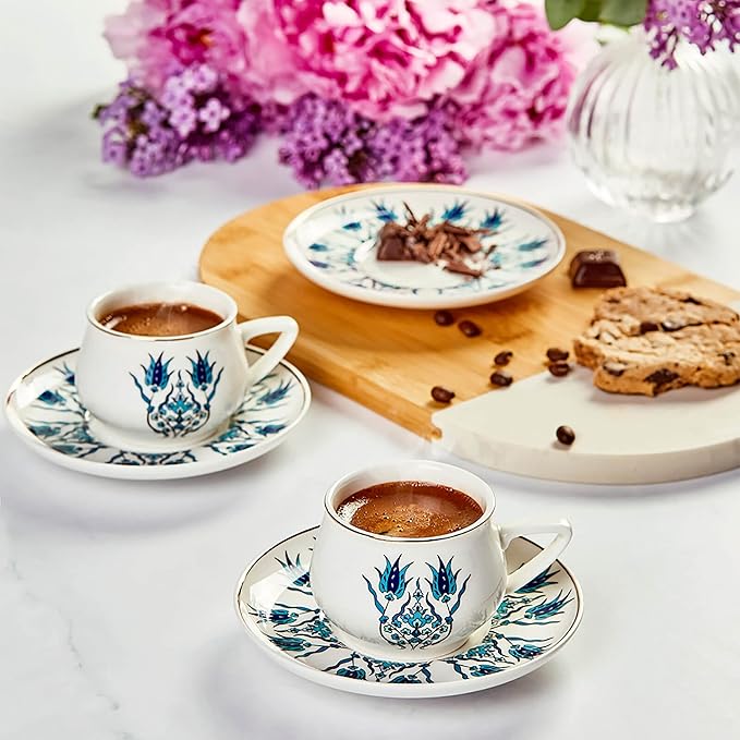 KARACA Iznik New Form Turkish Coffee Cup Set of 6, (12 Piece) Cups with Saucers - 3.3 fl oz Small Porcelain Espresso Set - Ideal for Serving Greek, Arabic Coffee