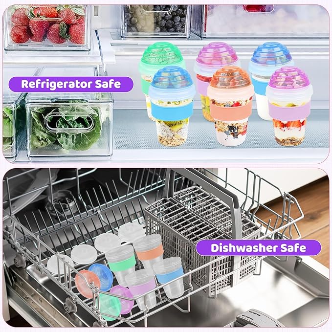 Yogurt Parfait Cups with Lids Reusable - 4 Pack 20 oz Overnight Oats Containers with Lids Folding Spoons Granola Topper, Cereal Salad Jars for Oatmeal Chia Pudding Meal Prep