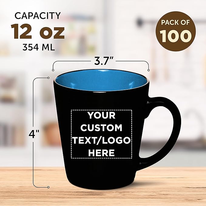 Custom Ceramic Coffee Latte Mugs 12 oz. Set of 100, Personalized Bulk Pack - Perfect for Coffee, Tea, Espresso, Hot Cocoa, Other Beverages - Blue