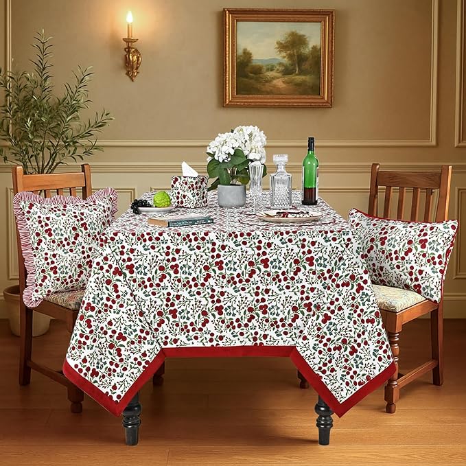 Ridhi Garnet Red and Emerald Green Indian Floral Hand Block Printed Cotton Cloth Tablecloth, Table Cover, Farmhouse Thanksgiving Christmas 4 Seater 60x60 Inches Square