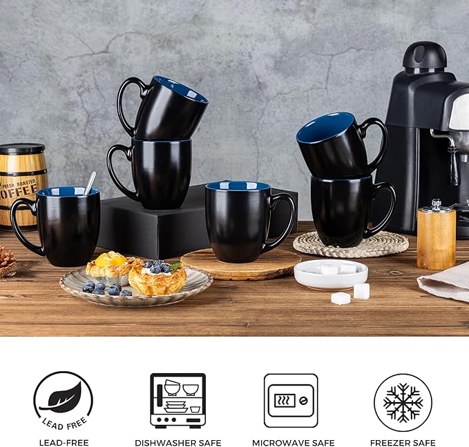 GBhome 12oz Coffee Mugs Set of 6, Large Ceramic Coffee Mugs for Man, Woman, Dad, Mom, Modern Coffee Mugs Set with handle for Tea/Latte/Cappuccino/Milk/Cocoa. Dishwasher&Microwave Safe,Blue