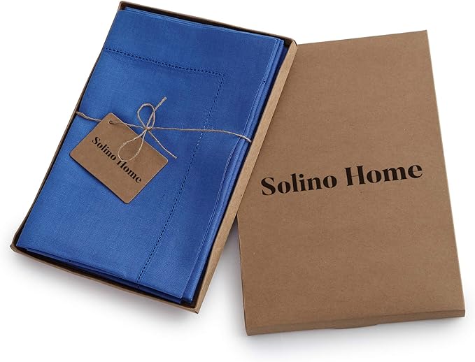 Solino Home Linen Napkins Set of 4 - Classic Hemstitch 100% Pure Linen Royal Blue Dinner Napkins Cloth 20 x 20 Inch - Handcrafted and Machine Washable - Winter, Spring