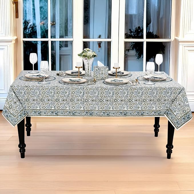Ridhi Hand Block Print Indigo Rectangle Cotton Tablecloth 108" x 70" Reusable Table Cover Decorative Everyday Use for Dining, Farmhouse, Home Gift for Spring, Easter, Valentine