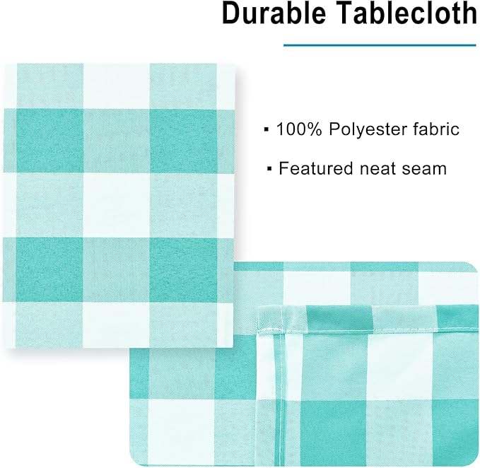 Hiasan Checkered Tablecloth Square, 70 x 70 Inch - Waterproof and Wrinkle Resistant Table Cloth for Picnic, Dinner and Party, Washable Polyester Fabric, Aqua and White Gingham Pattern