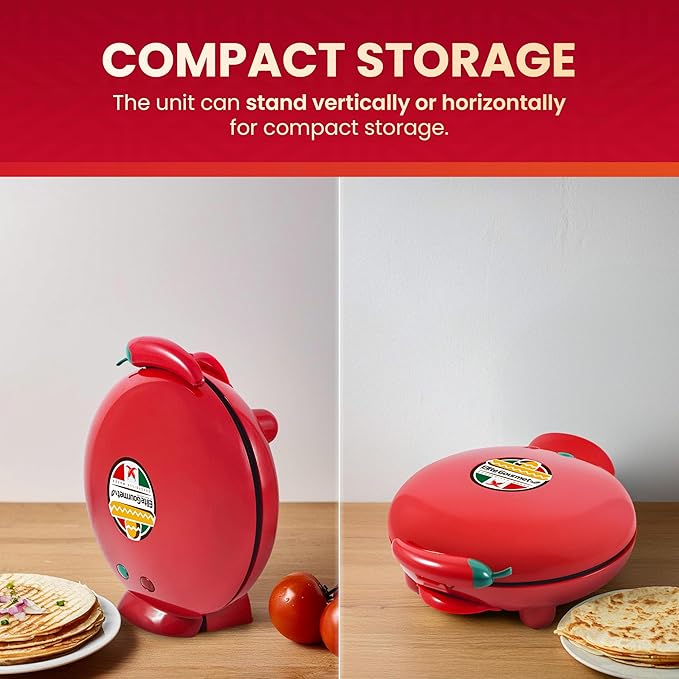 Elite Gourmet EQD-413 Electric Non-Stick 8" Quesadilla Maker, Easy-Slice 6-Wedge, Grilled Cheese Corn Flour Tortilla Snacks, Red