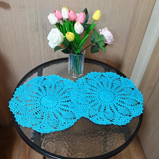 BIBITIME Lace Doilies Crochet Handmade Lace Coasters Round Placemat Rustic Table Doilies Decors for Kitchen Dining Room Party Dressers (11 inches to 12 inches,Pack of 2 PCS, Bright Lake Blue)
