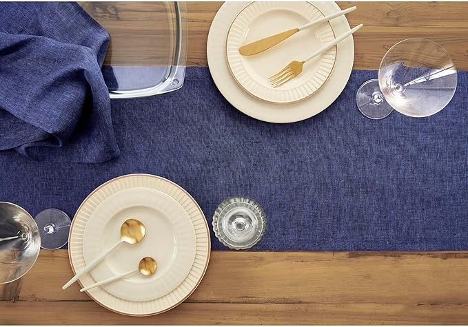 Solino Home Linen Chambray Navy Table Runner 108 Inches Long - Athena, 100% Pure Linen Dining Table Runner 14 x 108 Inch for Spring