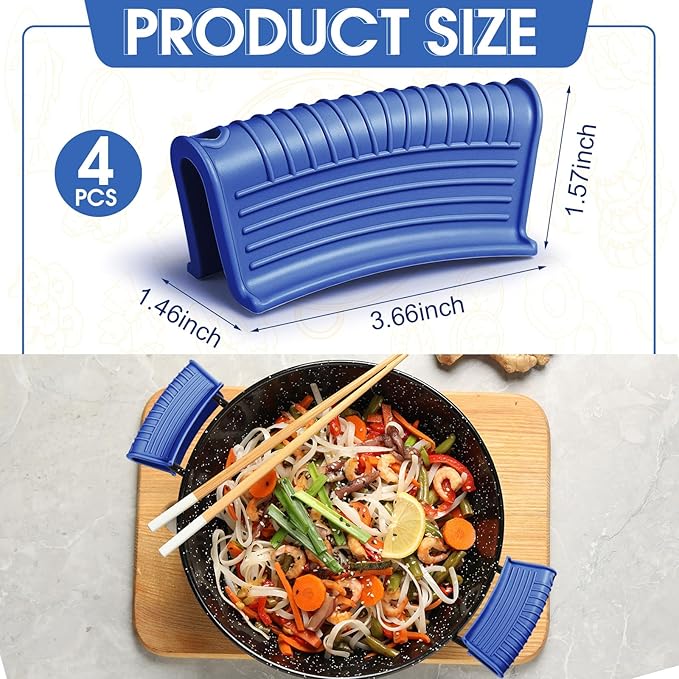 Patelai 4 Pcs Silicone Assist Hot Pan Handle Holder Pot Handle Covers for Cast Iron Skillets Holder Sleeve Nonslip Heat Resistant Pan Cover for Enameled Griddles Casserole Frying Cookware(Blue)