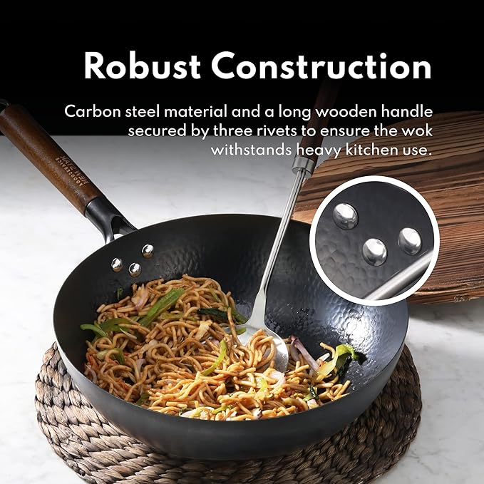 New Star Foodservice 1029154 Hand Hammered Carbon Steel, Non-Stick Wok Carbon Steel, Includes 12.7" Round Bottom, Wooden Lid, and Spatula (Hand Wash Recommended)