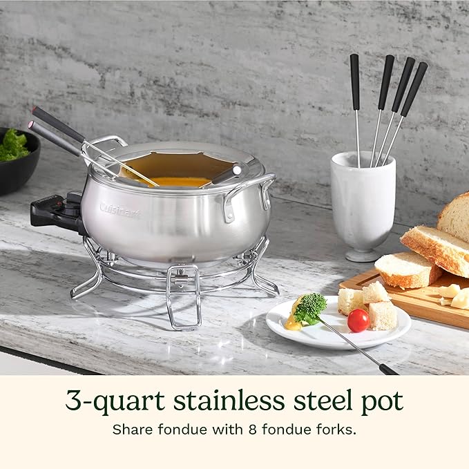 Cuisinart Fondue Pot Set, 3-Quart Stainless Steel Electric Fondue Pot for Chocolate, Cheese, Broth, and Oil, Includes 8 Forks, Temperature Control, Nonstick Interior, Dishwasher Safe, CFO-3SSNAS