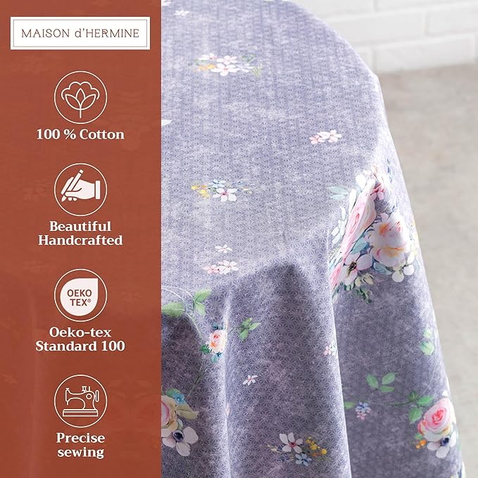 Maison d' Hermine Table Cloth Round Table 100% Cotton 69 Round Inches Tablecloth Reusable Decorative for Dining Room Home Valentines Day Decorations Spring Summer- Sweet Rose Lavender - Country Garden