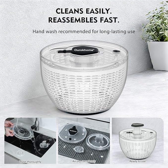 Ourokhome Salad Spinner Lettuce Dryer, One-handed Easy Press Large Vegetable Dryer Salad Mixer with Comfortable and Retractable Pusher and Brake Button for Greens, Herb, Berry, Fruits, 6.3 QT, Black