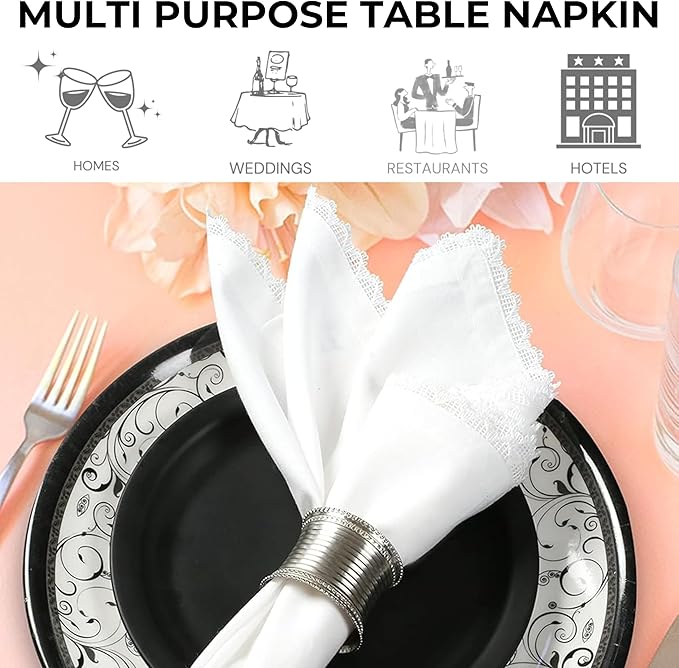 White Cotton Cloth Dinner Napkins 20x20 with Lace Trim Set of 6– Elegant Wedding & Cocktail Table Napkins, Mitered Corners, Machine Washable Fabric, Reusable,