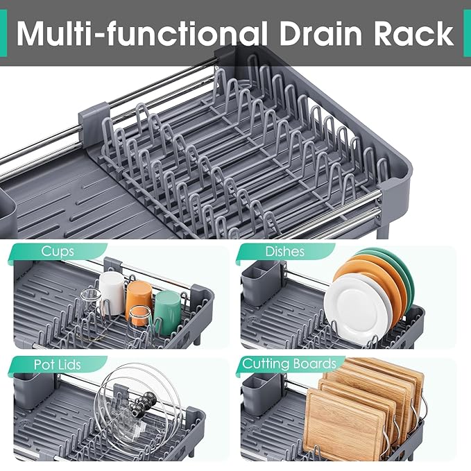 TOOLF Dish Drying Rack with Drainboard, Extendable Dish Rack for Kitchen Counter, Expandable Dish Drainer, Dish Strainer, Foldable Home Countertop Plate Storage Rack with Cutlery Holder, Gray