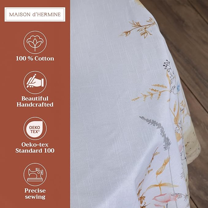 Maison d' Hermine Table Cloth Round Table 100% Cotton 69 Round Inches Tablecloth Reusable Decorative for Dining Room Farmhouse Home Valentines Day Decorations Spring Summer - Meadow Florals - Beige