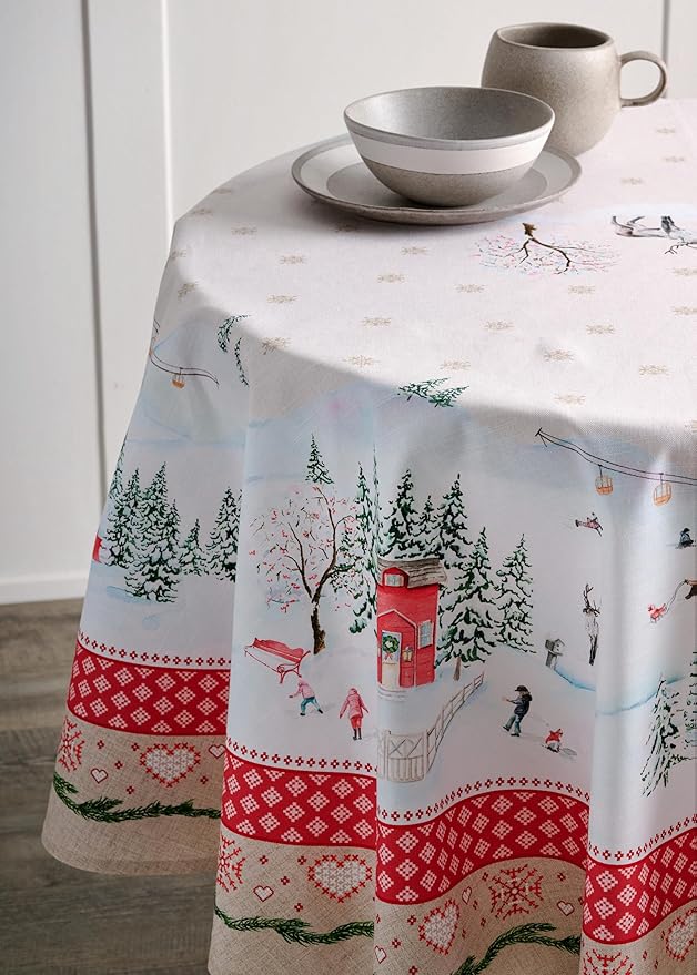 Maison d' Hermine Table Cloth Round Table 100% Cotton 69 Inches Fall Tablecloth Reusable Everyday Use for Thanksgiving Christmas Decorations Dining Farmhouse Party (Rural Christmas)