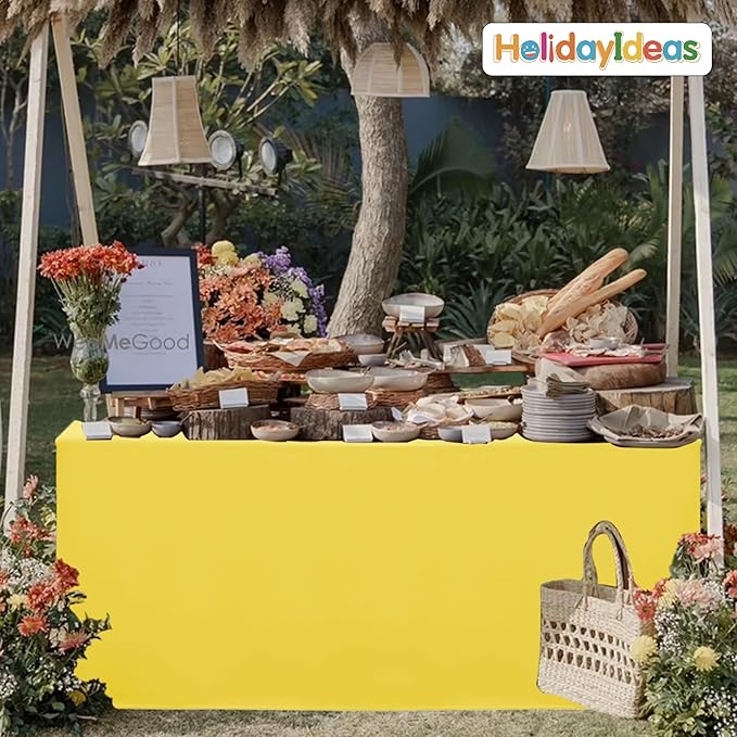 HolidayIdeas Fitted Tablecloths for 4 Foot Rectangle Table, Wrinkle Resistant Washable Table Cover 24x48 Inch for Vendor Booth Display, Banquet, Trade Show, Yellow, 4 Pcs